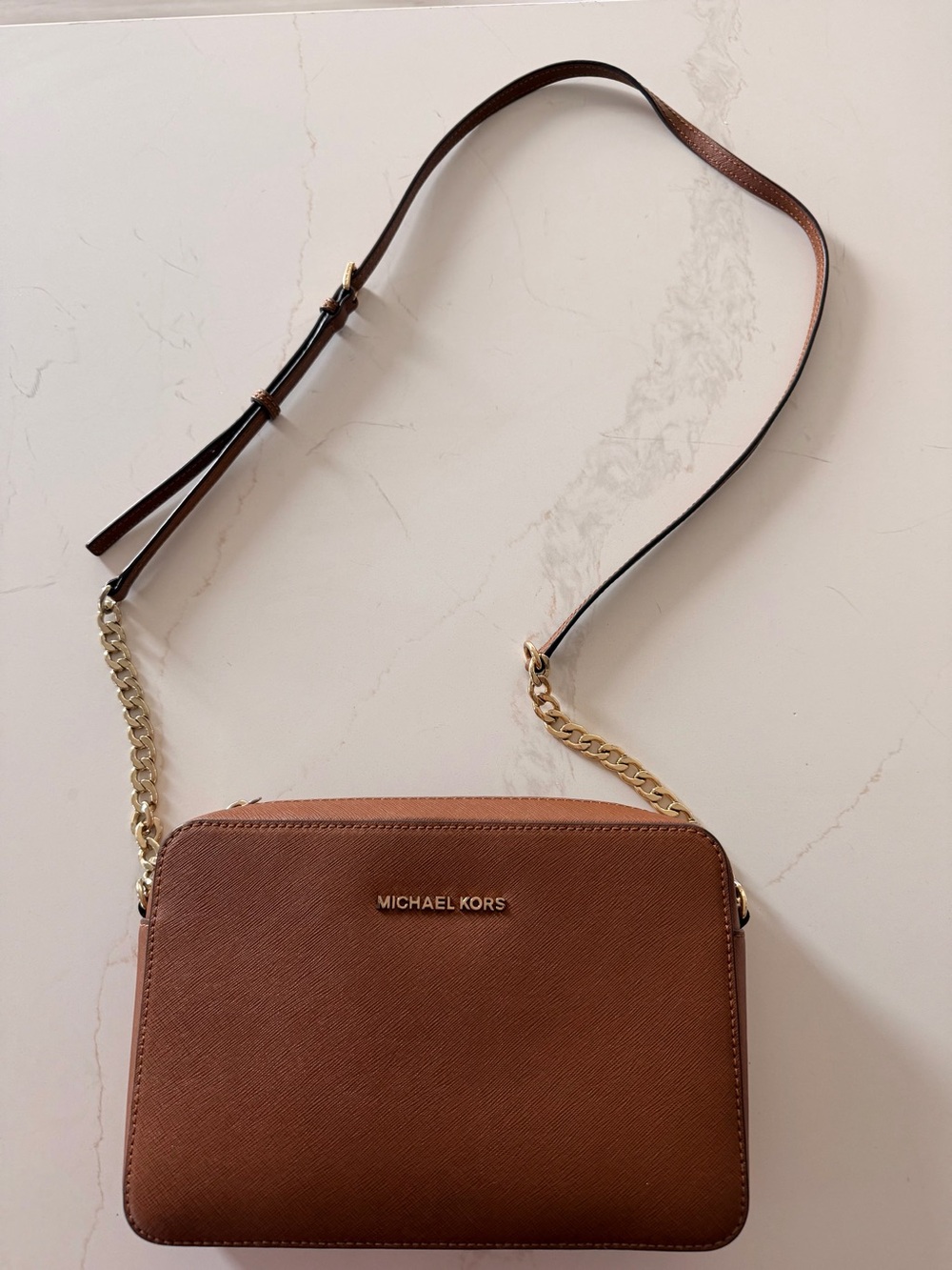 Michael Kors Women's Zipper Closure Saffiano Leather Crossbody Bag, Brown